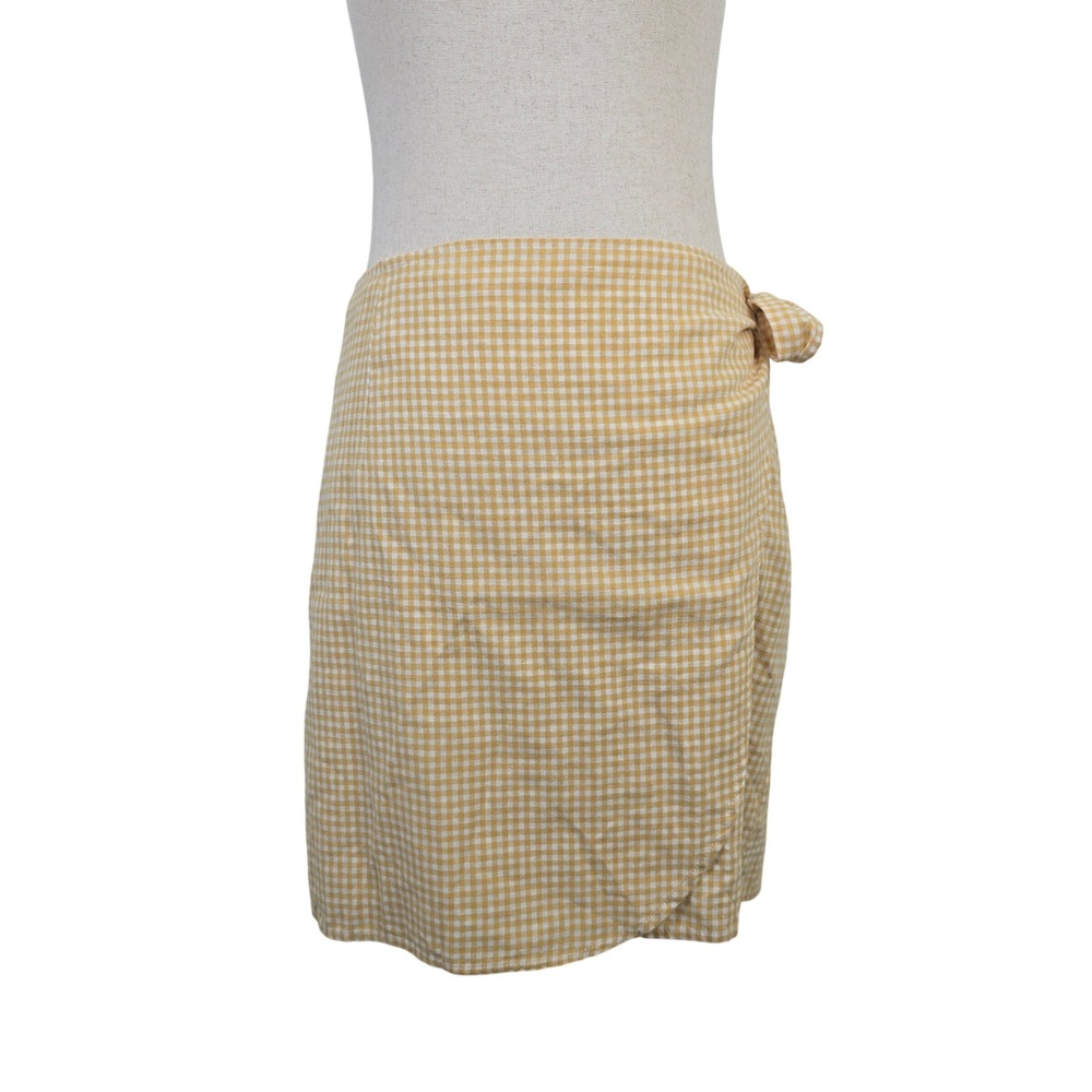 Marine Layer Yellow Gingham Linen Blend Wrap Mini Skirt Womens Size Medium